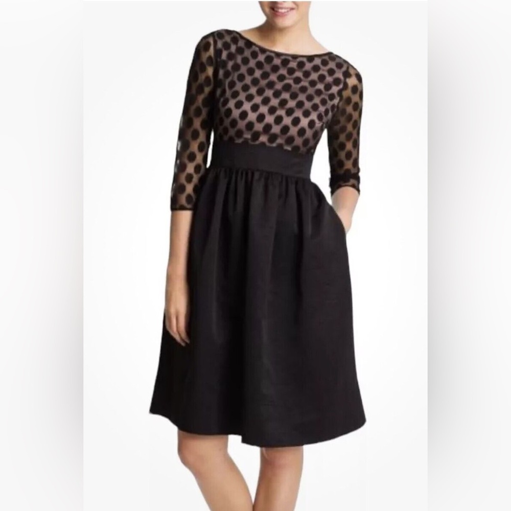 Eliza J Polka Dot Mesh Black Fit and Flare Party Cocktail Dress 3/4 Sleeve sz 12